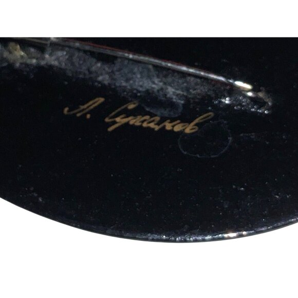 Signed Hand Painted Vintage Floral Pin Brooch Black Lacquer Red Yellow Floral - Picture 5 of 8